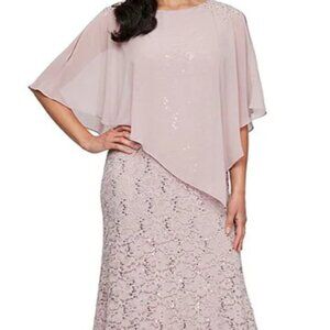 Ignite Evenings Short Sleeve Boat Neck Beaded Sequin Floral Lace Capelet Gown